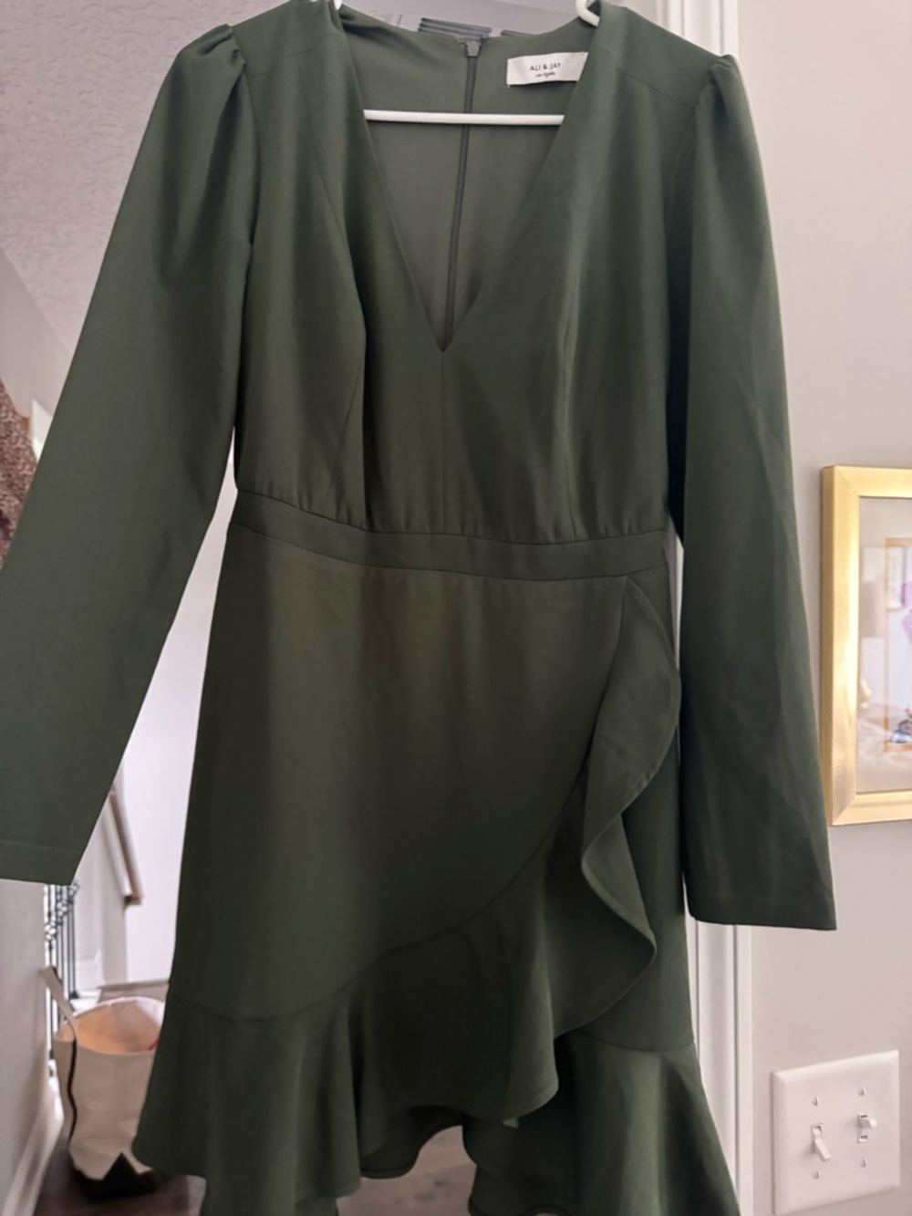 ALI & JAY Olive Green Long-Sleeve Ruffle Wrap Dress